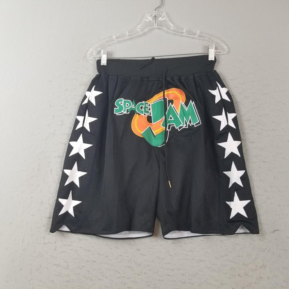Space Jam Shorts‎ Mens Small Black Mesh Basketball Star Print Lined 10 Inseam